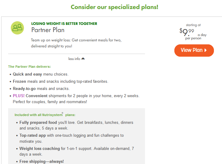 Nutrisystem Partner Plan Cost Every Month